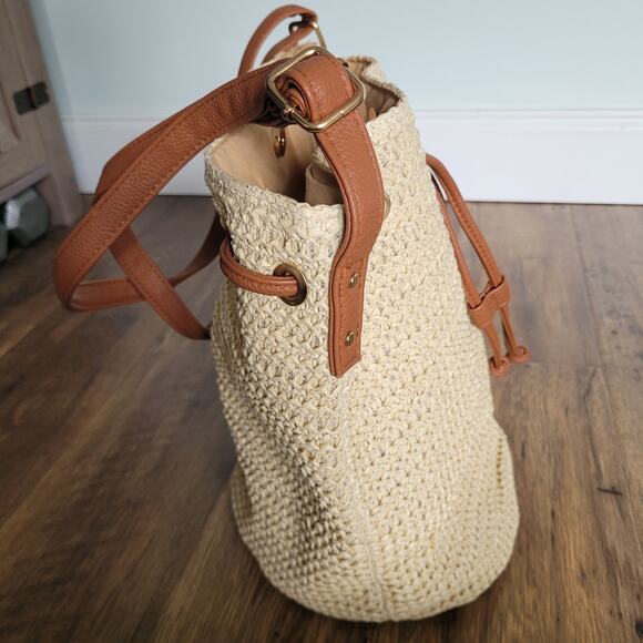 Montce Tan Beige Brown Bucket Bag Adjustable Leather Strap Purse - Picture 7 of 16